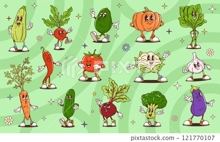 Cartoon retro groovy vegetable food characters. Cute farm tomato, carrot and broccoli, spinach, pepper and avocado vector personages. Groovy zucchini, cauliflower, radish and garlic veggies characters 121770107