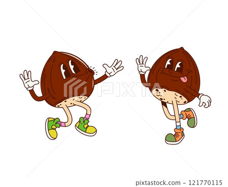 Groovy hazelnut nut characters. Cartoon vector pair of lively retro personages dance, exhibit joyful expressions and retro shoes, enhancing the playful and cheerful hippie y2k vibe and funky energy 121770115