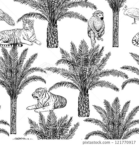 Toile de jouy seamless pattern with palms, tiger and peacock. Monochrome print in vintage luxury engraving style for textile and home decor and design. 121770917