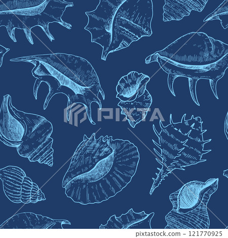 Seamless pattern with shells. Black and white detailed ink illustrations for design. Seamless pattern with shells. Black and white detailed ink illustrations for design. 121770925