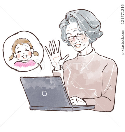 Senior woman talking to her granddaughter on computer 121771216