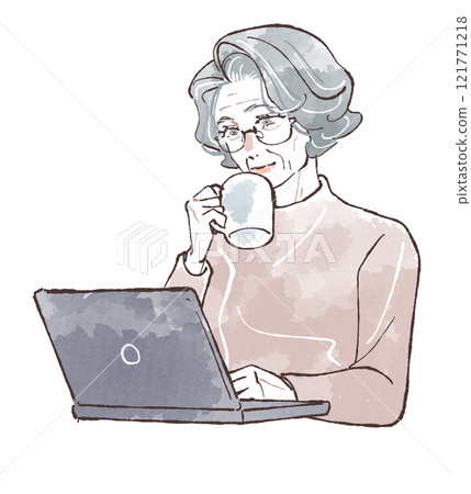 Senior woman drinking coffee while using a computer 121771218