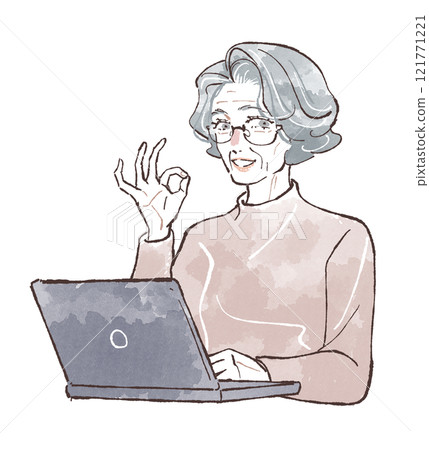 Senior woman making an OK sign while using a laptop 121771221