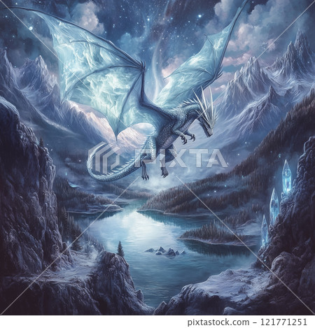Fantasy dragon world surrounded by lakes and mountains (AI generated image) Fantasy dragon world surrounded by lakes and mountains (AI generated image) 121771251