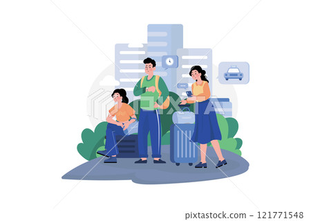 A Group Of Tourists With Their Luggage Waiting For A Taxi 121771548