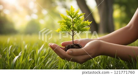 Environment Earth Day In the hands of trees growing seedlings. Bokeh green Background Female hand holding tree on nature field grass Forest conservation concepts 121771760