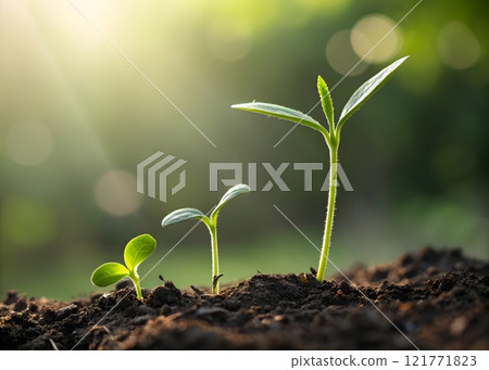 Development of seedling growth Planting seedlings three young plant in the morning light on blur green background Development of seedling growth Planting seedlings three young plant in the morning light on blur green background 121771823
