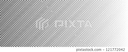 Black wavy texture gradient. Wave line pattern wallpaper. Fading curved linear halftone gradation. Thin to thick zig zag stripe background for overlay, print, cover, graphic design. Vector 121772042