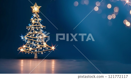 Christmas tree with rhinestone ornaments and stars on a dark blue background, sparkling with festive cheer. 121772117