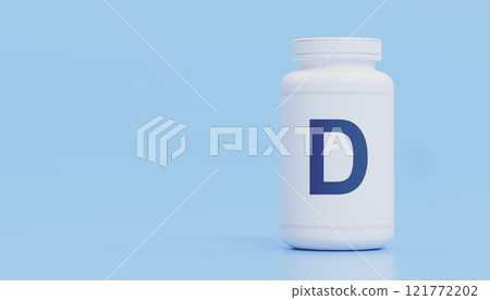 Vitamin D supplement bottle, blue background, essential nutrient, bones, immunity boost, overall wellness, health importance, strong bones, improved immune system 121772202