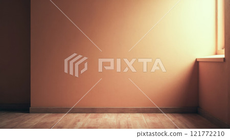 product placement. empty room natural light wooden floor minimalist design. bright window sunlight empty corner beige walls 121772210