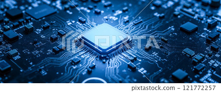 Microchip on blue circuit board, electronic components close-up, showcasing semiconductor technology and integrated circuits, computer hardware, high-tech background 121772257