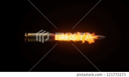 Bullet with fire trail fast movement orange flames burning from casing realistic dark explosive scene Bullet with fire trail fast movement orange flames burning from casing realistic dark explosive scene 121772271