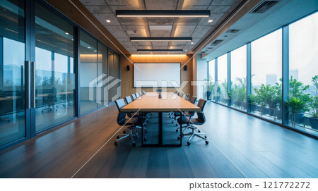 Sleek conference room featuring wooden table, leather chairs, bright natural light, large display screen, indoor plants, glass walls, professional business environment design Sleek conference room featuring wooden table, leather chairs, bright natural light, large display screen, indoor plants, glass walls, professional business environment design 121772272