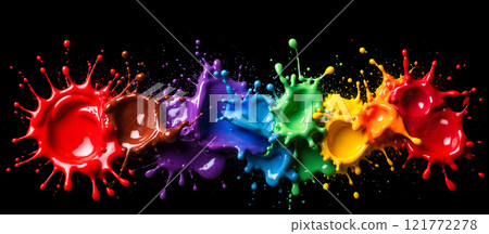multicolored paint splashes in motion, showcasing bright rainbow colors on dark backdrop, ideal for artistic backgrounds, modern designs, and creative visual content 121772278