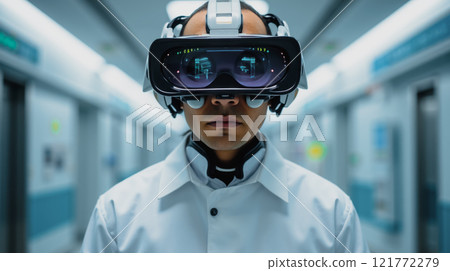 Doctor wearing virtual reality headset in hospital corridor, futuristic medical technology, healthcare innovation, advanced VR equipment, modern medical professional Doctor wearing virtual reality headset in hospital corridor, futuristic medical technology, healthcare innovation, advanced VR equipment, modern medical professional 121772279