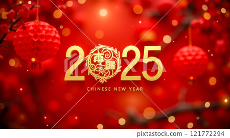 Chinese New Year 2025 scene vibrant colors red lanterns fireworks traditional decorations celebratory mood culture joy prosperity happiness family reunion festivity lively event 121772294
