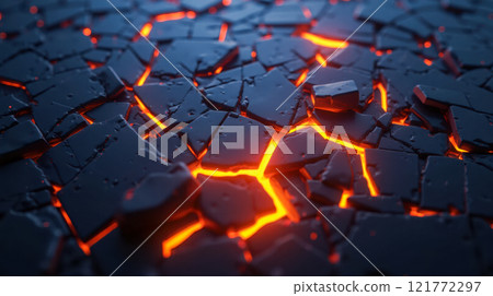 Glowing lava through cracks, volcanic eruption background, intense heat, molten magma, natural disaster, geological occurrence, hot molten rock, dark ground, red light 121772297