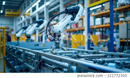 Industrial robotic arms working on assembly line in modern factory showcasing precision engineering and advanced technology in automated production 121772303
