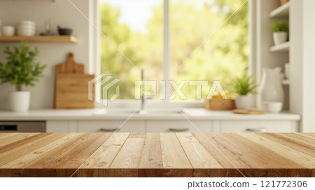 Product placement on wooden table. Empty wooden table for product montage with blurred kitchen background 121772306