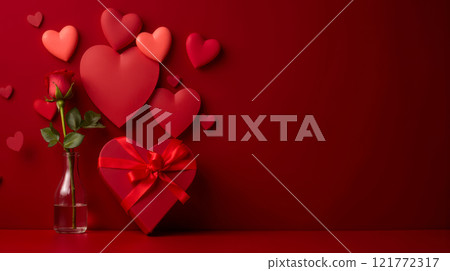 Valentine Day greeting card background in deep red tones with hearts and roses, romantic celebration design, love and passion, elegant floral elements, sweet romance, affection and love Valentine Day greeting card background in deep red tones with hearts and roses, romantic celebration design, love and passion, elegant floral elements, sweet romance, affection and love 121772317