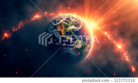 Dramatic depiction of large-scale explosions and fiery destruction on planet surface, illustrating catastrophic events, global disasters, or intense warfare. Bright orange and red flames Dramatic depiction of large-scale explosions and fiery destruction on planet surface, illustrating catastrophic events, global disasters, or intense warfare. Bright orange and red flames 121772318