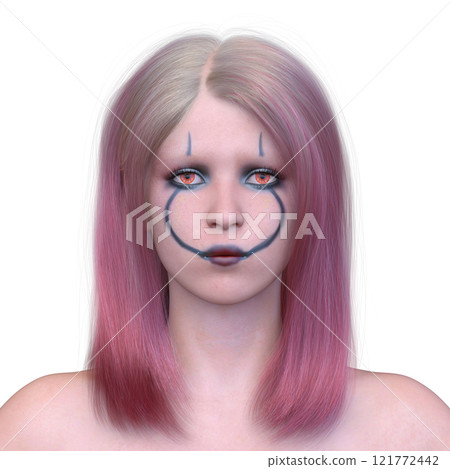 Close-up of a woman's face with clown makeup Close-up of a woman's face with clown makeup 121772442