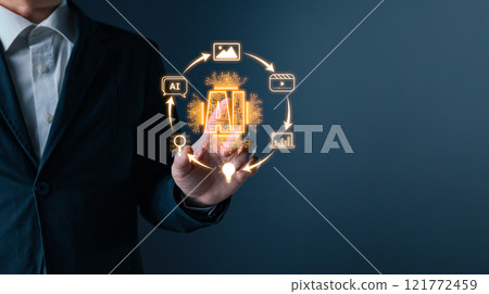 Man touch icon ai, Marketers education, research, analyze media video streaming content creation and online marketing strategies to grow their digital business. Ai generates concept Man touch icon ai, Marketers education, research, analyze media video streaming content creation and online marketing strategies to grow their digital business. Ai generates concept 121772459