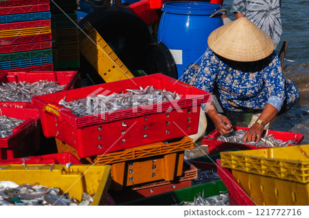 Vietnamese women in conical hats prepare fish for sale at local market Vietnamese women in conical hats prepare fish for sale at local market 121772716