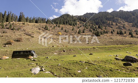 Altyn Arashan area with the meadow in Kyrgyzstan Altyn Arashan area with the meadow in Kyrgyzstan 121772830
