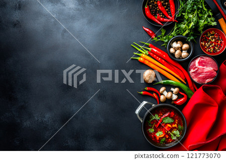 The elegant backdrop showcases a Chinese hotpot, surrounded by a careful arrangement 121773070