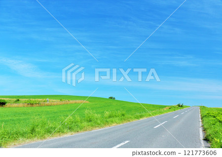 The blue sky of Hokkaido summer and the way of Biei 121773606