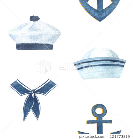 Tarpaulin, sailor hat, collar, anchor watercolor hand painted seamless pattern isolated on white. High quality navy design elements perfect for cards, wrapping paper, packaging, stationary and books Tarpaulin, sailor hat, collar, anchor watercolor hand painted seamless pattern isolated on white. High quality navy design elements perfect for cards, wrapping paper, packaging, stationary and books 121773819