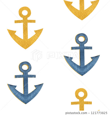 Anchor blue gold watercolor half drop seamless pattern isolated on white. Hand painted art perfect for cards, wrapping paper, packaging, tickets, stationary tourism, voyage design. Monochromatic clip Anchor blue gold watercolor half drop seamless pattern isolated on white. Hand painted art perfect for cards, wrapping paper, packaging, tickets, stationary tourism, voyage design. Monochromatic clip 121773825