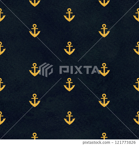 Anchor gold watercolor seamless pattern on dark background. Hand painted art perfect for cards, wrapping paper, packaging, tickets, stationary tourism, travel, voyage design. Monochromatic clip art 121773826