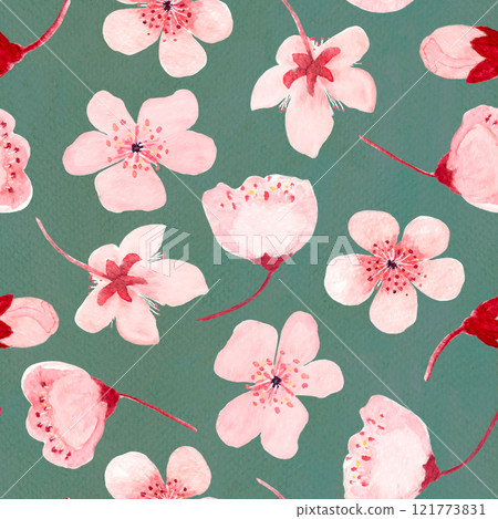 Sakura blossom seamless watercolor pattern on sage background. Hand painted high quality illustrations for wrapping paper, textile, cards, wedding invitations, beauty salon ads, packaging. Spring Sakura blossom seamless watercolor pattern on sage background. Hand painted high quality illustrations for wrapping paper, textile, cards, wedding invitations, beauty salon ads, packaging. Spring 121773831