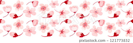Pink sakura flowers seamless watercolor border isolated on white. Hand painted high quality illustrations for wrapping paper, textile, cards, wedding invitations, beauty salon ads, packaging. Spring Pink sakura flowers seamless watercolor border isolated on white. Hand painted high quality illustrations for wrapping paper, textile, cards, wedding invitations, beauty salon ads, packaging. Spring 121773832