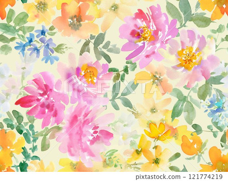Seamless pattern with abstract pink peonies and flowers painted in watercolor 121774219