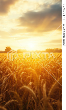 Golden wheat field at sunset with dramatic sky Golden wheat field at sunset with dramatic sky 121774243