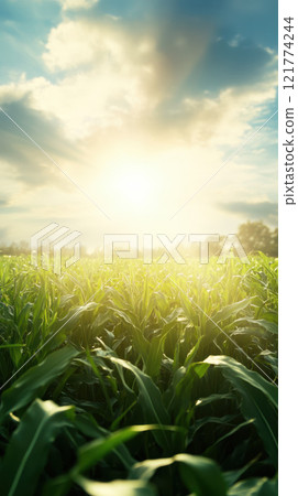 Lush green cornfield under bright sunlit sky Lush green cornfield under bright sunlit sky 121774244
