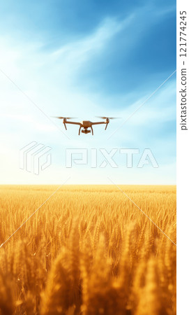 drone flying over golden wheat fields under blue sky 121774245