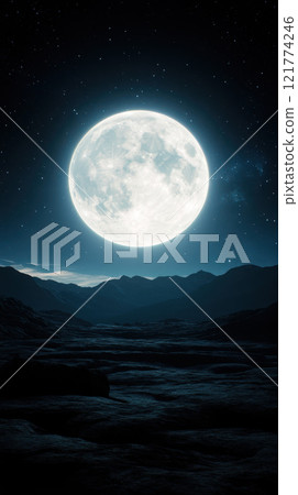bright full moon illuminates dark landscape at night 121774246