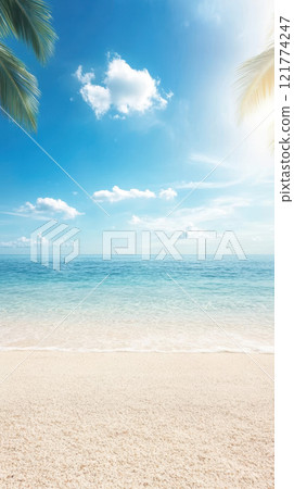 Serene beach with clear water and blue sky, perfect for relaxation Serene beach with clear water and blue sky, perfect for relaxation 121774247