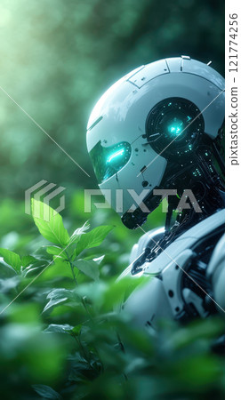futuristic robot among lush green foliage, showcasing technology futuristic robot among lush green foliage, showcasing technology 121774256