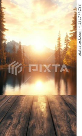 serene sunset over tranquil lake with wooden dock serene sunset over tranquil lake with wooden dock 121774258