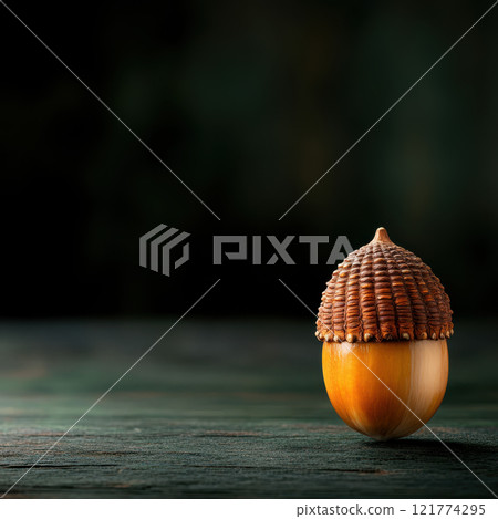 single acorn with textured brown cap on wooden surface 121774295