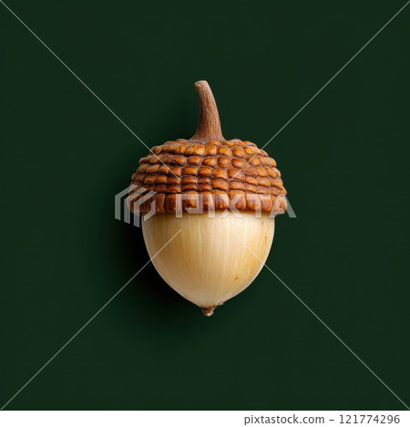 single acorn with textured brown cap on green background single acorn with textured brown cap on green background 121774296