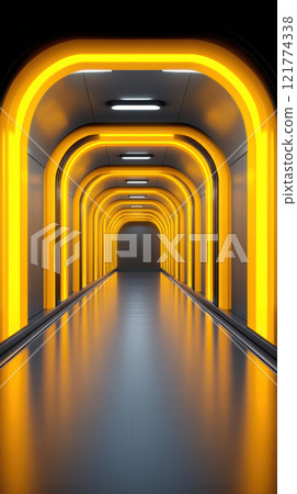 Futuristic corridor with glowing yellow arches and smooth floor Futuristic corridor with glowing yellow arches and smooth floor 121774338