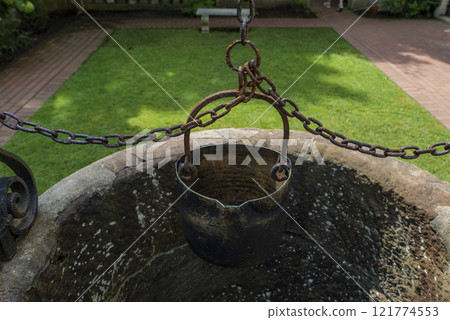 Old well bucket with rusty chain, life concept from a century ago. Old well bucket with rusty chain, life concept from a century ago. 121774553