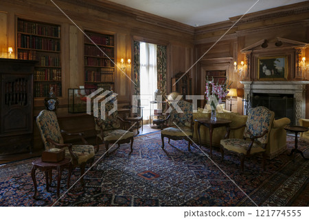 Luxury interior of home library Sitting room with elegant furniture at Vanderbilt Museum Long Island Luxury interior of home library Sitting room with elegant furniture at Vanderbilt Museum Long Island 121774555